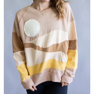 Colorblock Crewneck Sweatshirt Moon Mountains Sun Patch Brown Tan Yellow Small